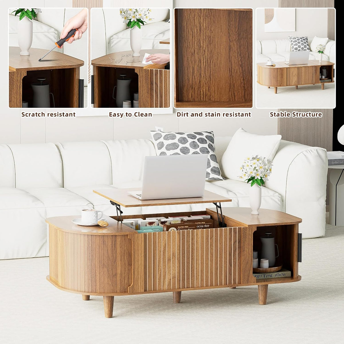 Lift Top Coffee Table, Oval Mid Century Modern Center Table with 3 Hidden Storage, 41' Coffee Tables with Sliding Door and Open Cabinet for Living Room Bedroom Office, Walnut Wood
