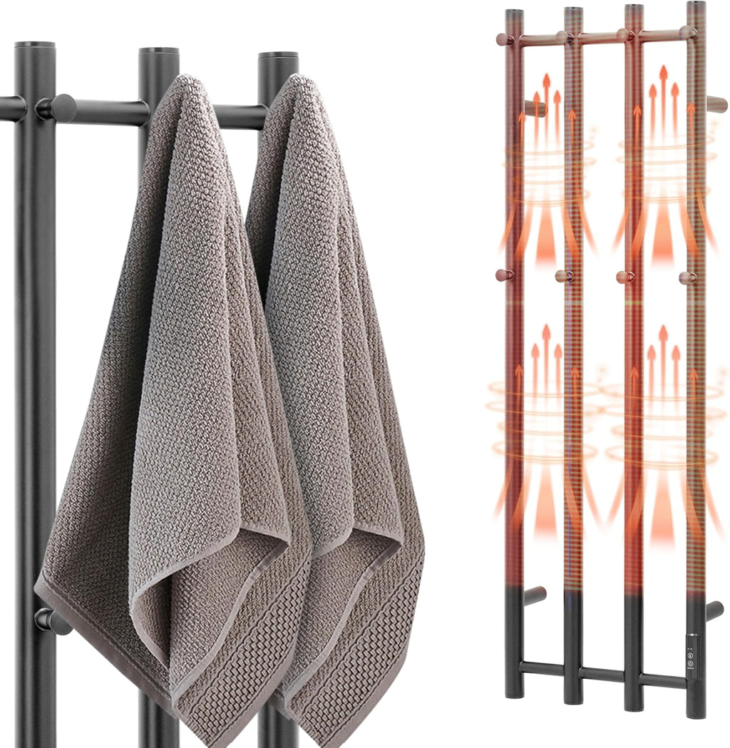 KEG Towel Warmer Wall Mounted 43-Inch Four Towel Bar with Built-in Timer, Electric Stainless Steel Heated Towel Racks for Bathroom, Matte Black