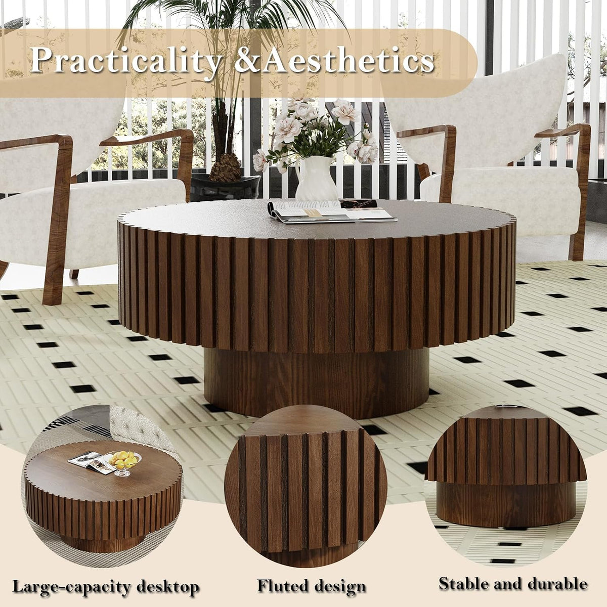 Handcrafted Round Fluted Coffee Table, Modern Mid Century Minimalist Elegant Drum Circle Coffee Table with Sturdy Pedestal for Living Room Apartment (J)
