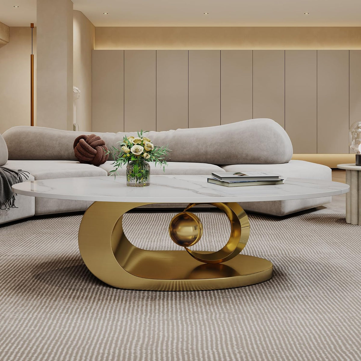 Coffee Table with Marble Grain Top, Modern Oval Coffee Table for Living Room,Faux Marble Center Tea Table with Golden/Chrome Pedestal for Apartment, Office, Easy Assembly