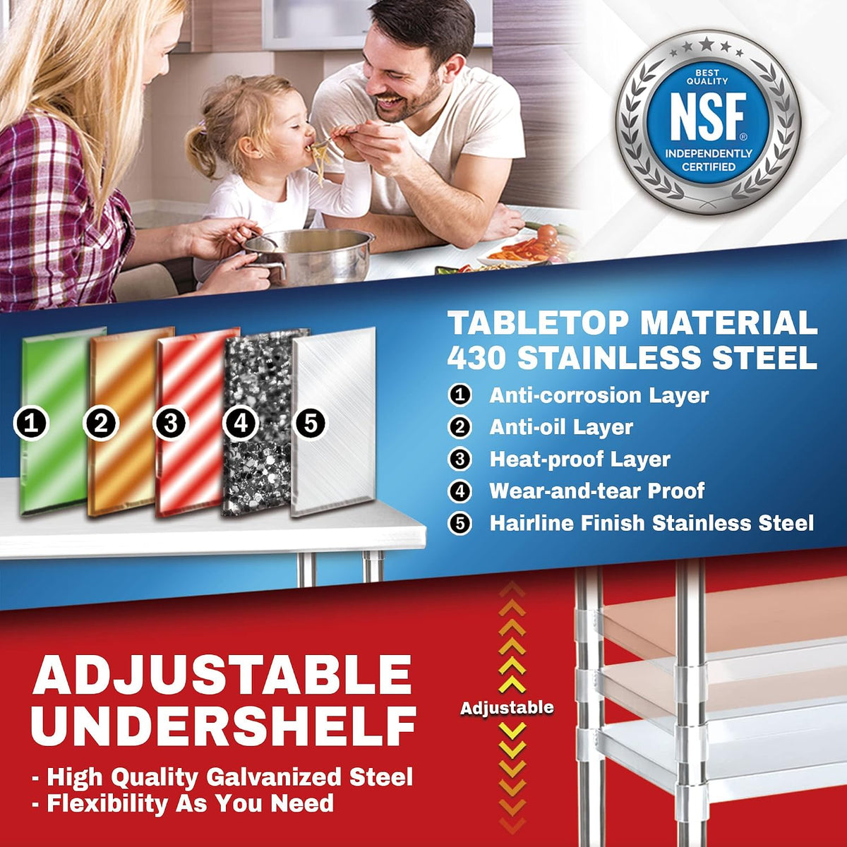 DuraSteel 24x60 Stainless Steel Work Table - NSF Commercial Prep Metal Table w/Adjustable Under Shelf - Kitchen Outdoor Pizza Oven Stand, Garage Workbench, Laundry Utility Worktable - 350 lb Capacity