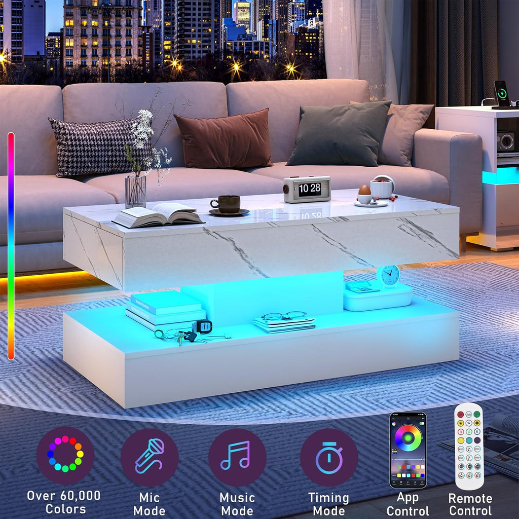 chartustriable 39.4' Large High-Glossy LED Coffee Table with 2 Sliding Drawers, Living Room Storage Coffee Tables with Marbling Print, Modern Stylish Double-Layer Center Tables w/LED Lights, White