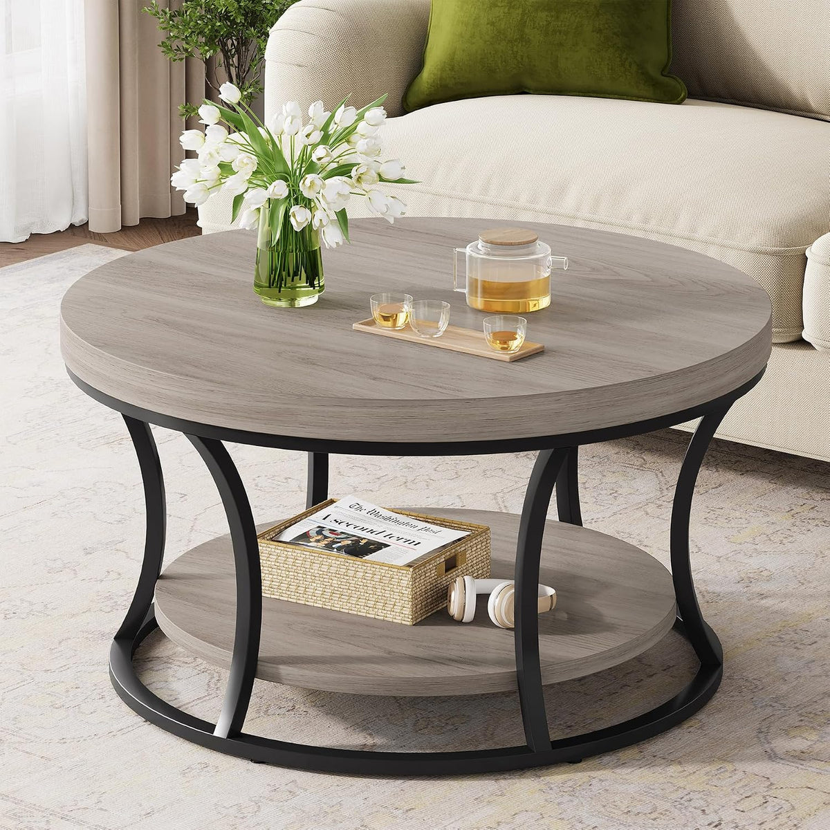 Round Coffee Table for Living Room, 2-Tier Circle Coffee Table with Storage, Accent Center Table Modern Design, Gray Brown and Black