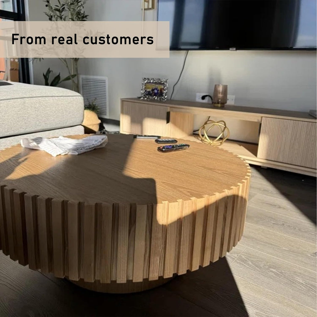 31.49' Coffee Table, Round Coffee Table, Wood Coffee Table for Living Room, Handcrafted Relief Carving, Easy Assembly, Oak