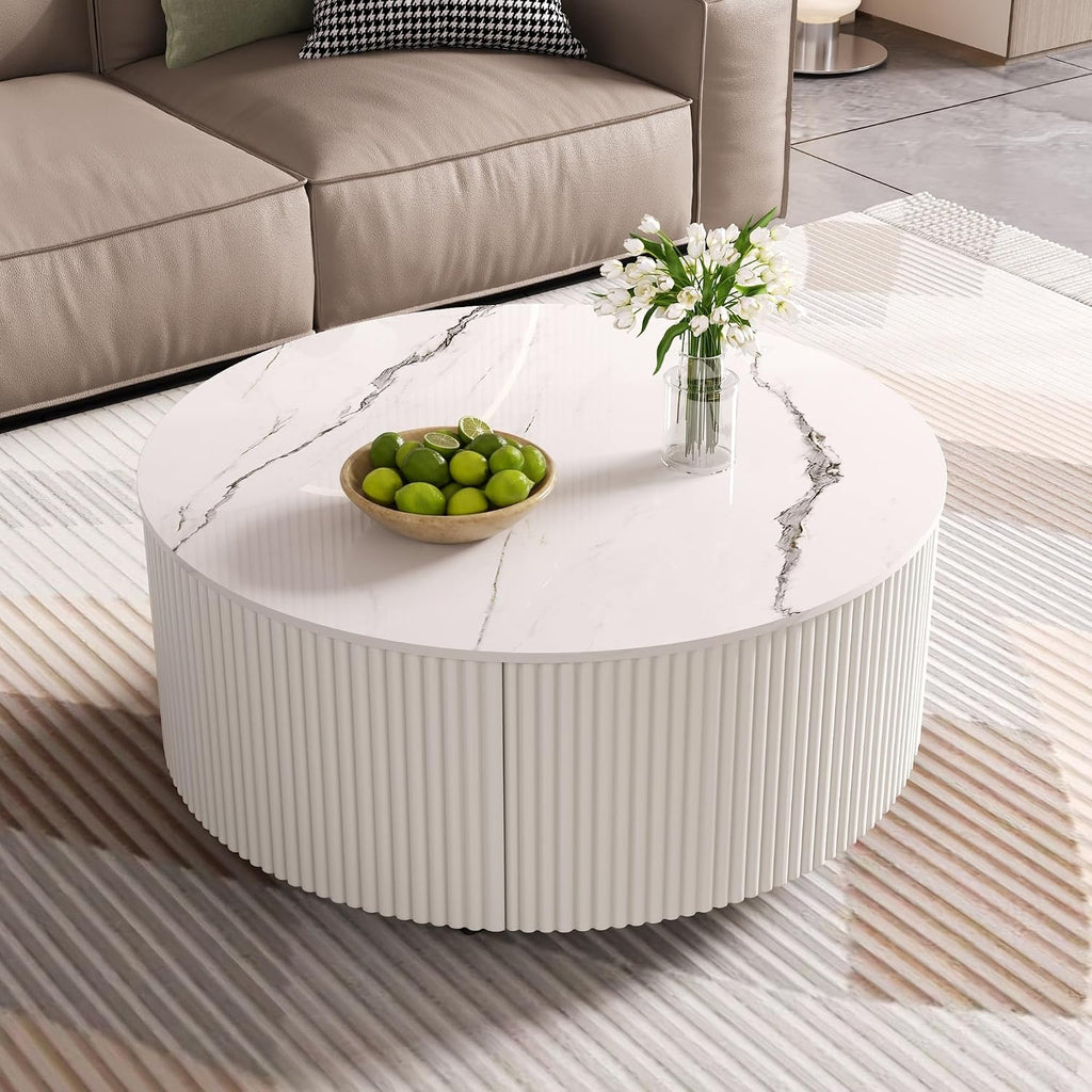 29.5'' Round Marble Coffee Table for Living Room Storage Coffee Table with 2 Drawers Modern Circle Center Tables Sintered Stone Accent Tea Tables for Apartment White