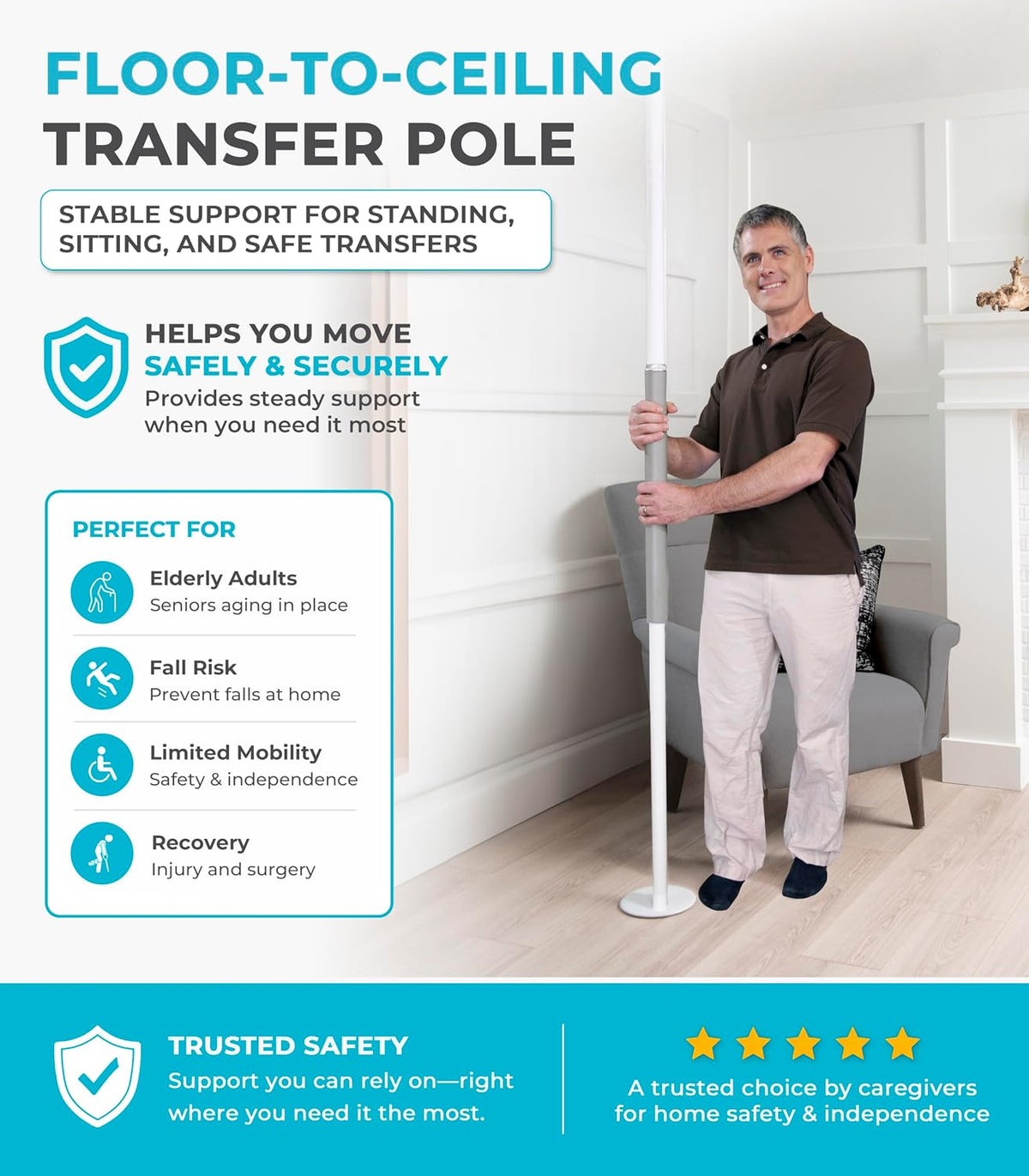 Stander Wonder Pole Slim, Tension Mounted Security-Pole, Elderly Floor to Ceiling Transfer-Pole for Seniors, Bathroom Grab Bar Stability Rail with Padded Handle, White