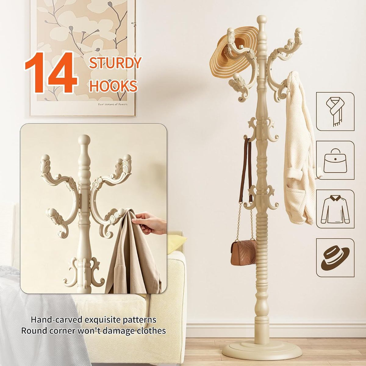 Wood Coat Rack Stand Wooden Coat Rack Freestanding Hall Coat Tree with Sturdy Round Base and 14 Hooks for Hats Bags Purses Vintage Coat Tree Hanger Stand for Entryway Hallway Bedroom, White