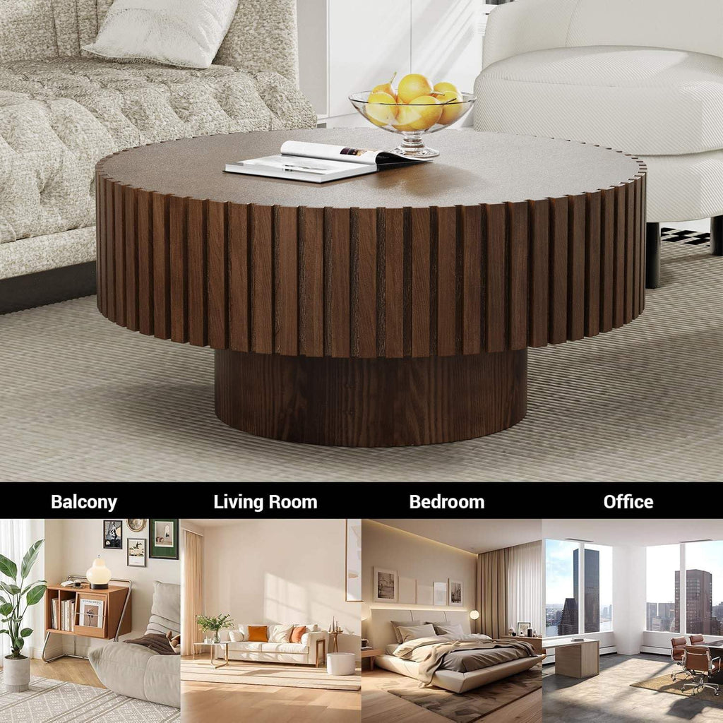 Handcrafted Round Fluted Coffee Table, Modern Mid Century Minimalist Elegant Drum Circle Coffee Table with Sturdy Pedestal for Living Room Apartment (J)