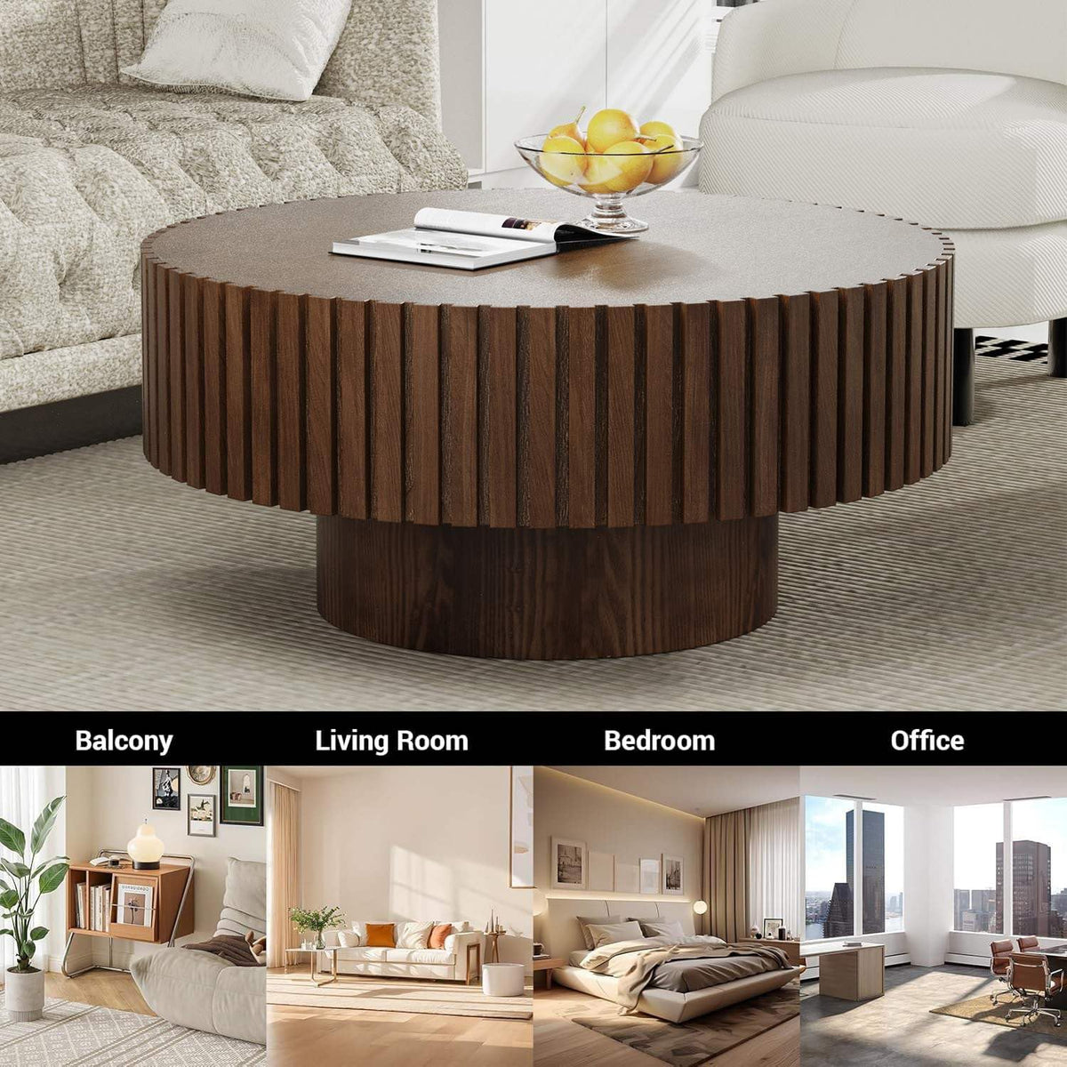 Handcrafted Round Fluted Coffee Table, Modern Mid Century Minimalist Elegant Drum Circle Coffee Table with Sturdy Pedestal for Living Room Apartment (J)
