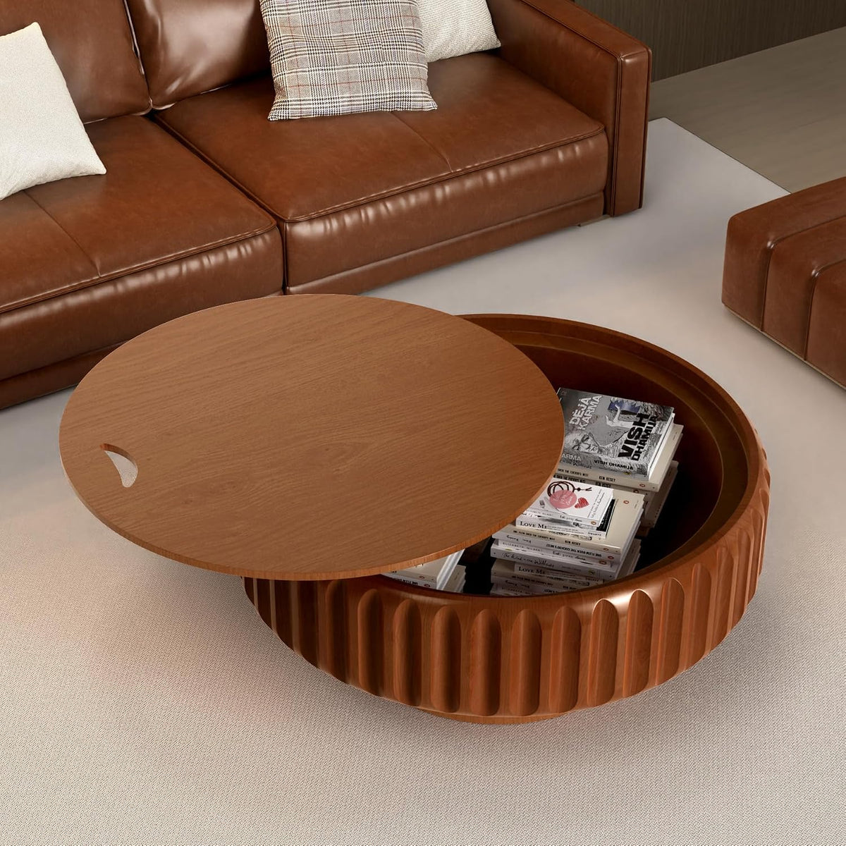 Round Coffee Tables with Storage Fluted Drum Coffee Table with Solid Wood Relief, Modern Circle Wooden Coffee Tables Brown Center Table Accent Tea Table for Living Room Apartment (Round 31.5'')