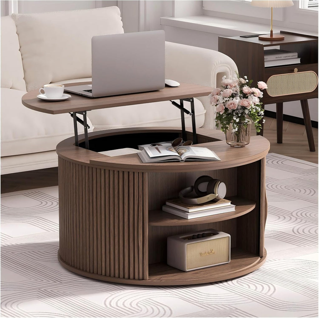 Jiansu furni 31.5'Coffee Table with Lifting Top,Mid Century Modern Coffee Table with Sliding Door & Hidden Storage,Small Center Table for Living Room,Walnut
