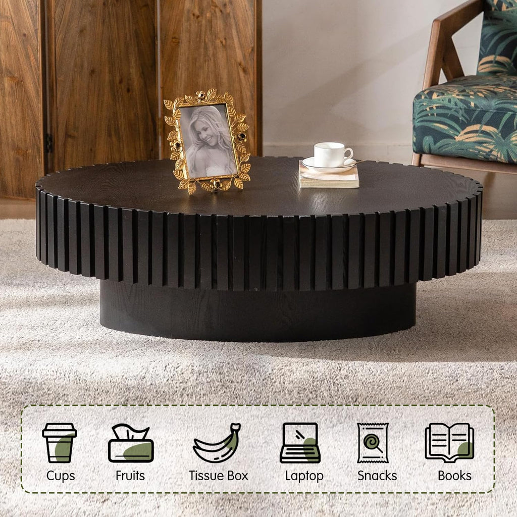 Black Oval Fluted Coffee Table for Living Room with Handcrafted Relief Wood Drum Coffee Table for Office Outdoor (43' Oval Black)