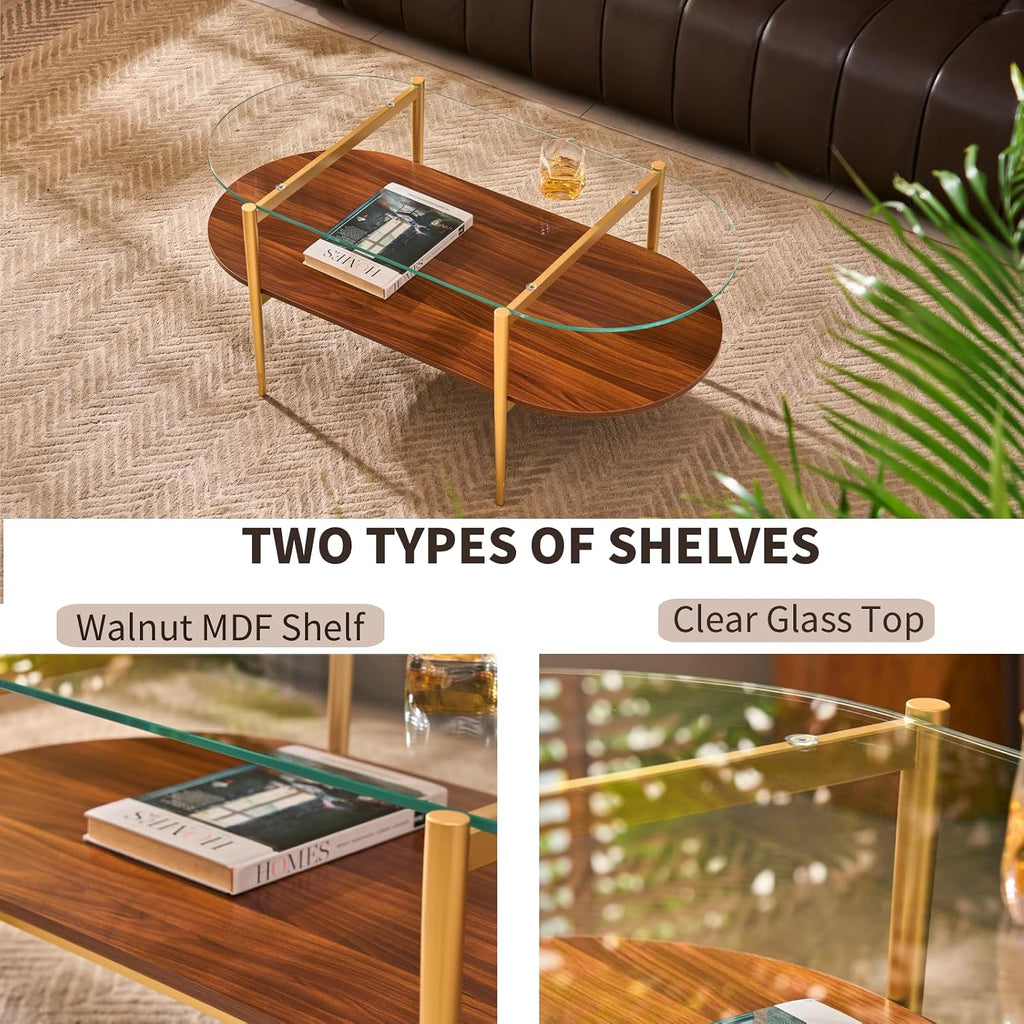 AGV LIGHTING Oval Rectangle Coffee Table with Clear Glass Top, 2 Tier Mid-Century Modern Coffee Table, Walnut MDF Shelf and Glod Metal Legs, Capsule Shape Coffee Table for Living Room, 42 Inch