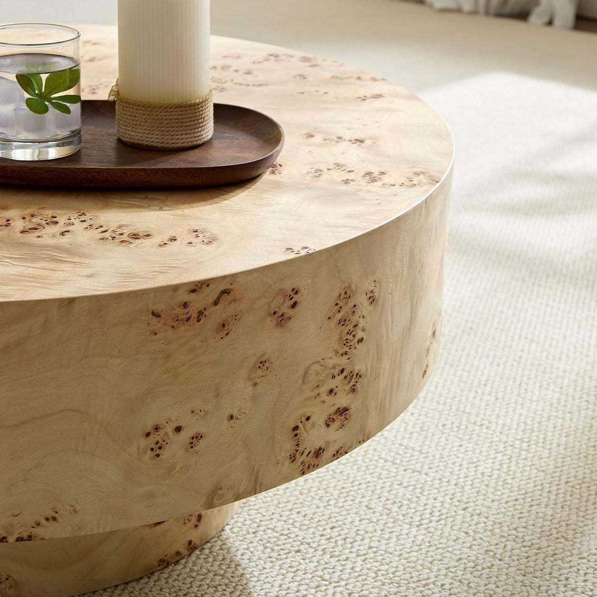 31.49' Round Coffee Table with Burl Wood Veneer & Sturdy Pedestal, Modern Luxury Circle Drum Center Table, Accent Side Table End Table for Living Room Apartment, Natural