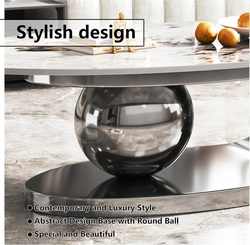 Marble Texture Coffee Table for Living Room,Modern Oval Coffee Table with Silver Stainless Steel Base for Office