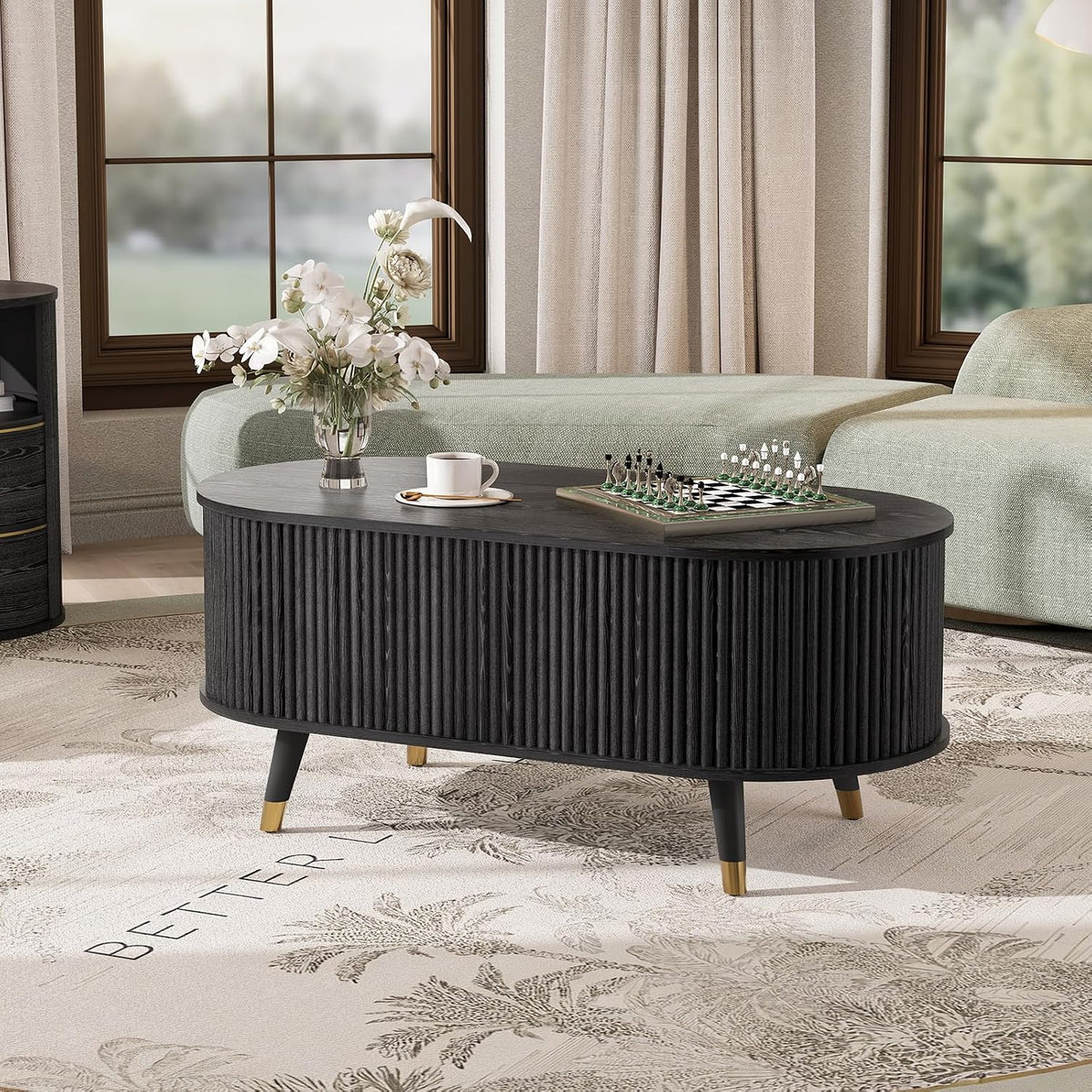 Jiansu furni Lift Top Coffee Table with Storage,42.5' Oval Coffee Table with Hidden Compartment & Solid Wood Legs,Modern Fluted Center Table for Living Room,Home Office,Black