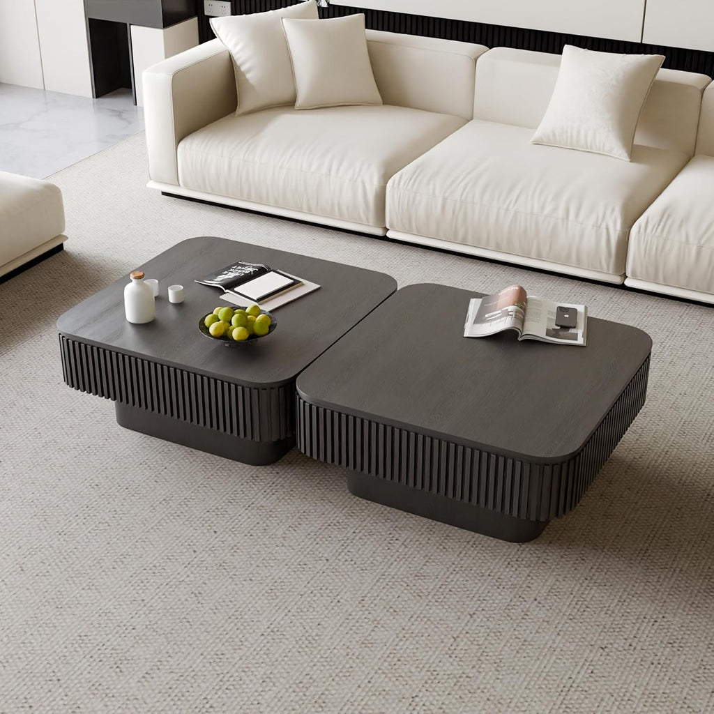 LUMISOL Square Square Coffee Table with Hidden Storage, Small Handcraft Drum Center Table with Sturdy Base, Minimalist Fluted Coffee Table for Living Room, Natural Wood