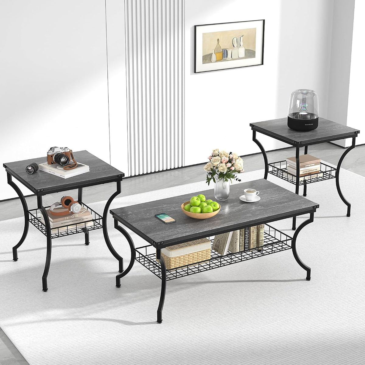 VECELO 3 Pieces Living Room Table Sets, Coffee and End Tables with Open Storage Shelves for Apartment, Home Office, Small Space, Easy Assembly, Dark Grey