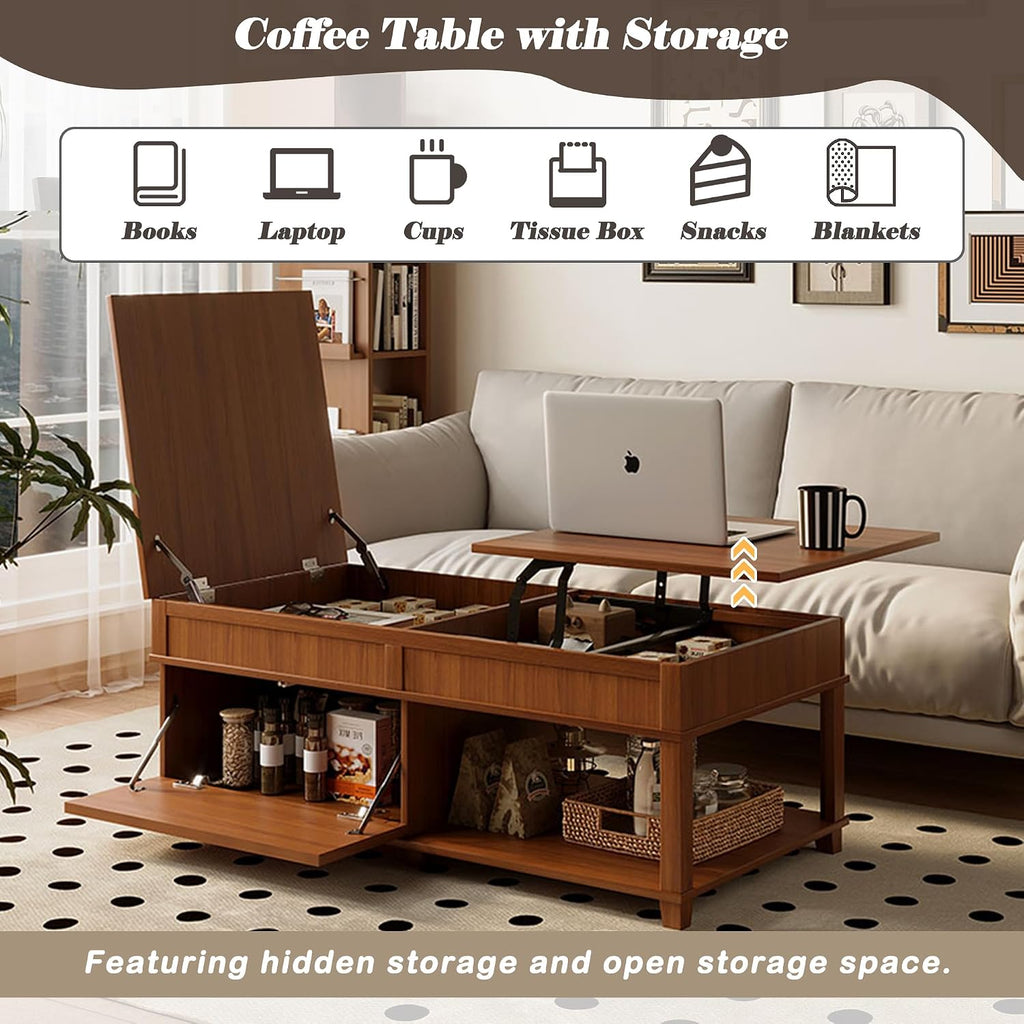 Mid Century Modern Farmhouse Lift Top Coffee Table,Rectangular Storage Coffee Tables with Lifting Top,Hidden Compartment,Open Shelf & Adjustable Desktop,Walnut Wood Coffees Table for Living Room