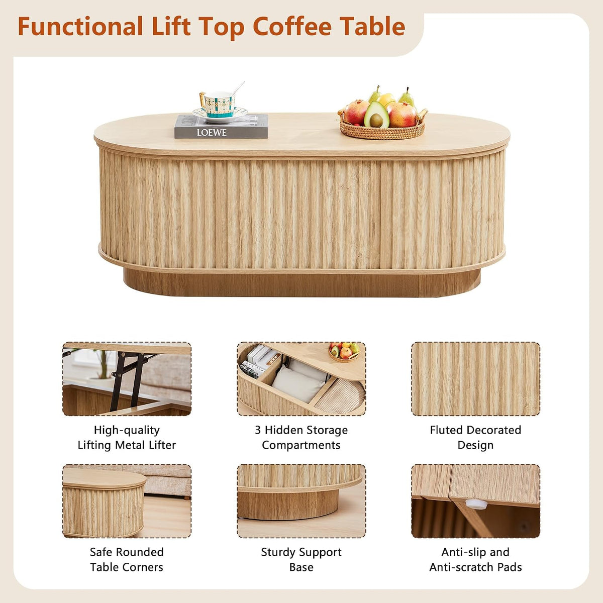 Oval Lift Top Coffee Table with Storage, 43.3'Mid Century Modern Center Table with Hidden Compartment, Fluted Wooden Lift Tabletop Dining Table for Living Room Apartment Home Office,Natural