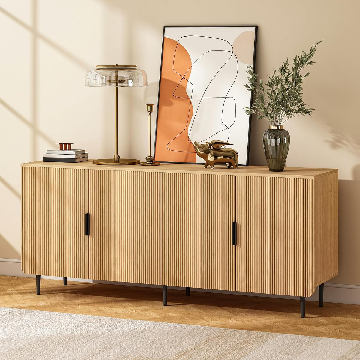 65' Fluted Sideboard Buffet Cabinet with Storage, Console Cabinet with 4 Doors & Adjustable Shelves, Modern Buffet Table for Kitchen Dining Living Room Hallway‌ Entryway, Natural