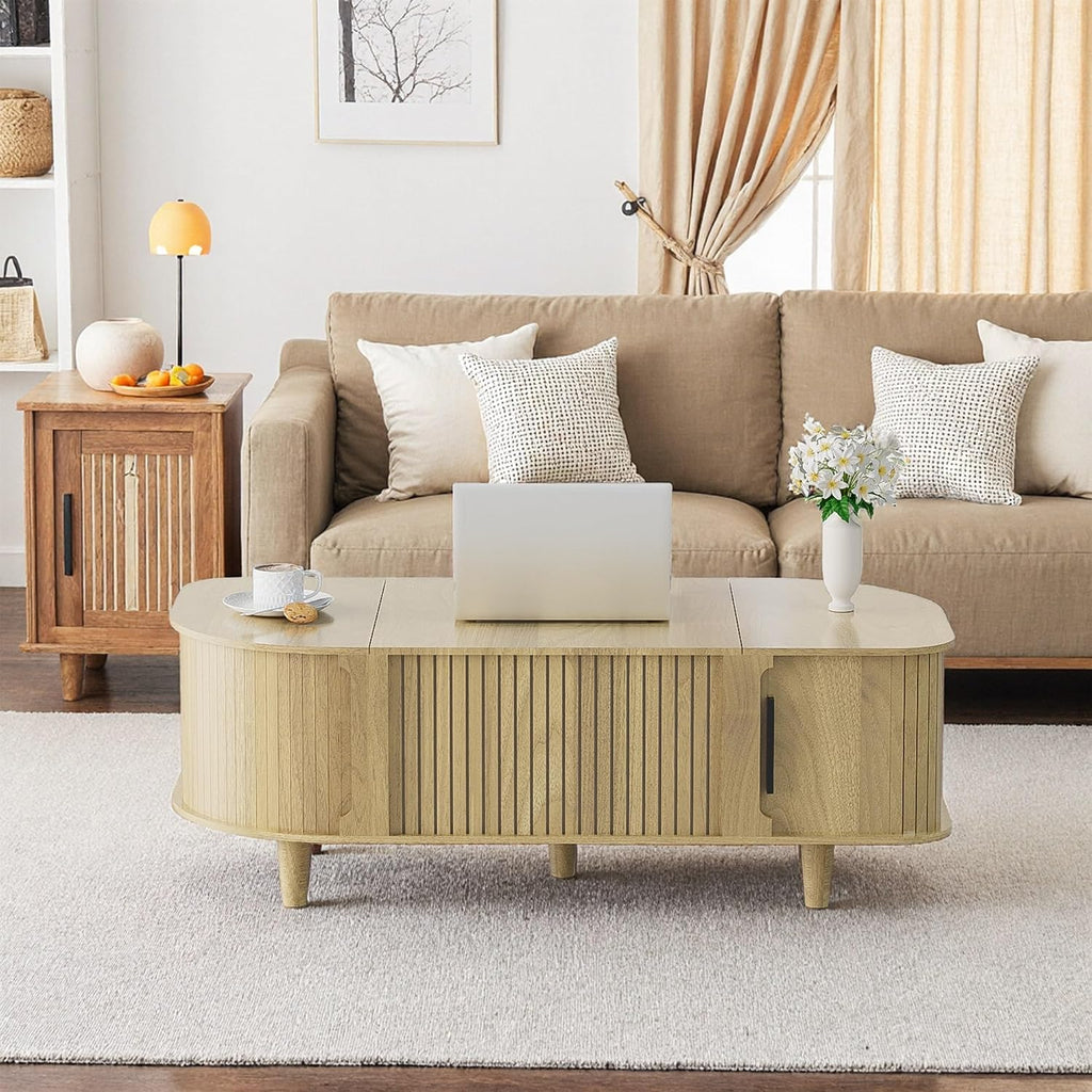 Lift Top Coffee Table, Oval Mid Century Modern Center Table with 3 Hidden Storage, 41' Coffee Tables with Sliding Door and Open Cabinet for Living Room Bedroom Office, Natural Wood