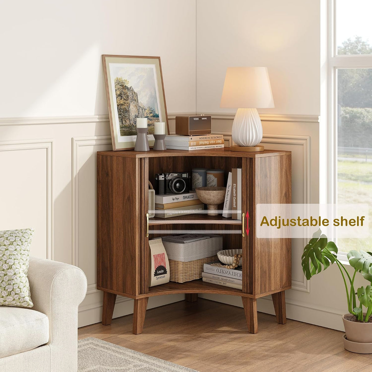 Fluted Corner Cabinet, Small Corner Floor Cabinet with 2-Sliding Doors and Adjustable Shelves, Freestanding Narrow Organizer for Small Space,Living Room, Dining RoomBathroom.Walnut