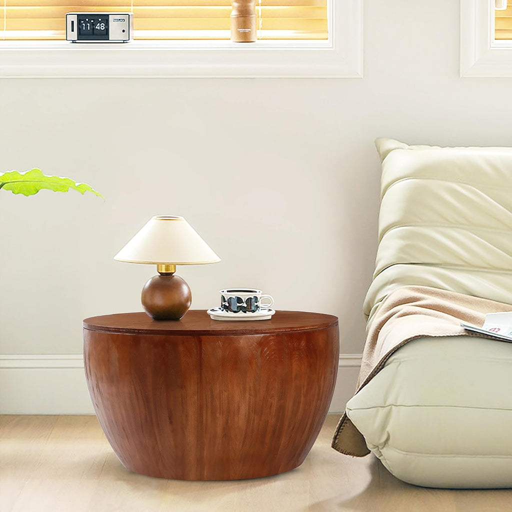31.50' Round Wood Coffee Table, Retro Fashion Modern Coffee Table Splicing Design Side Cabinet Coffee Table, Wood Look Accent Furniture for Office, Dining Room and Living Room