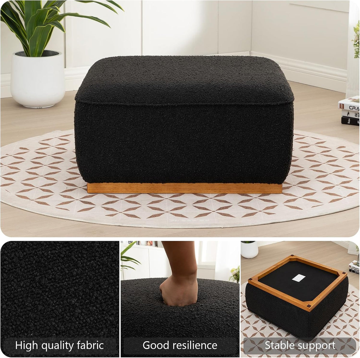 Square Ottoman Coffee Table 30' Premium Fabric upholstered Coffee Table with high Density Foam and Solid Wood Frame, Stylish and Practical Living Room Furniture, Black