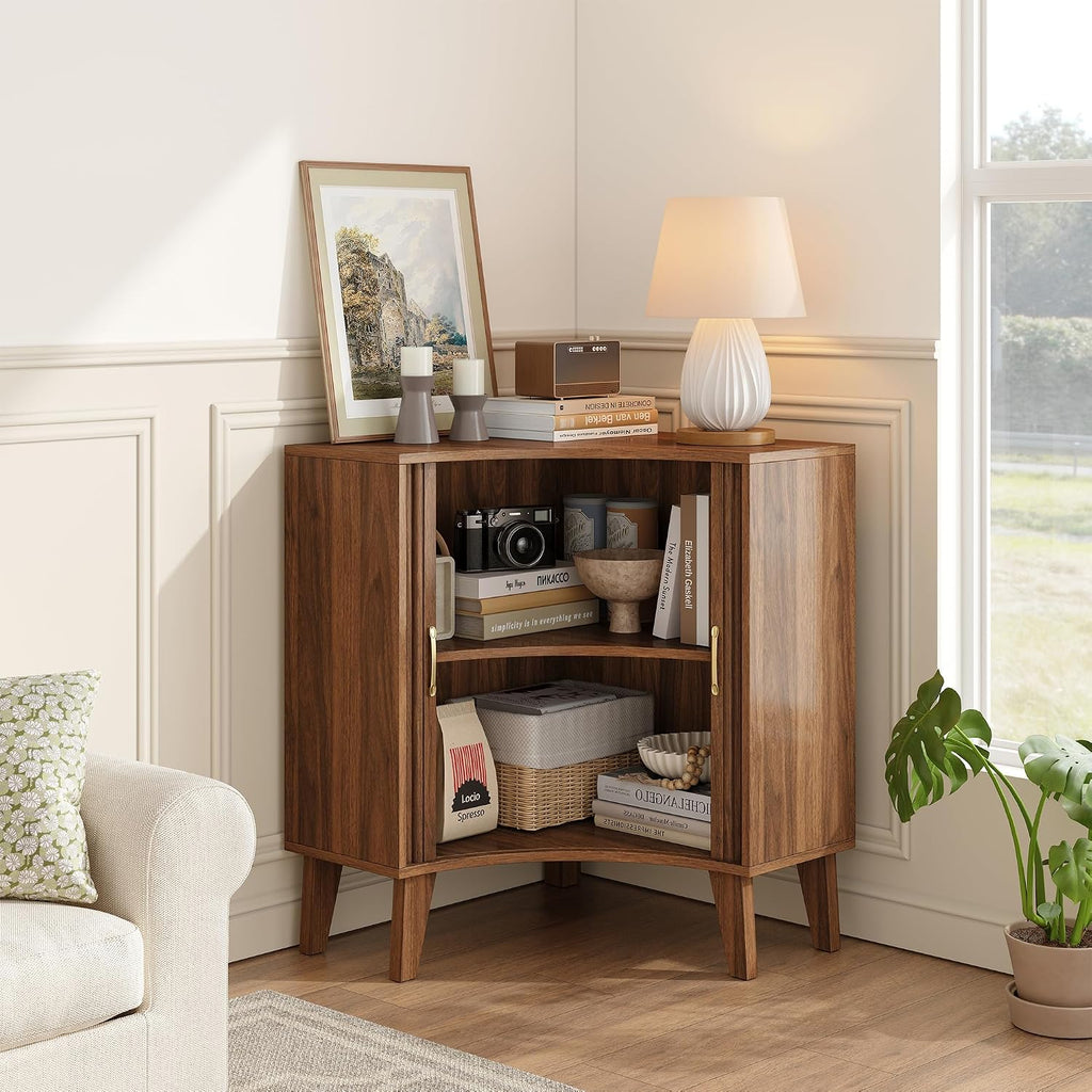 Fluted Corner Cabinet, Small Corner Floor Cabinet with 2-Sliding Doors and Adjustable Shelves, Freestanding Narrow Organizer for Small Space,Living Room, Dining RoomBathroom.Walnut