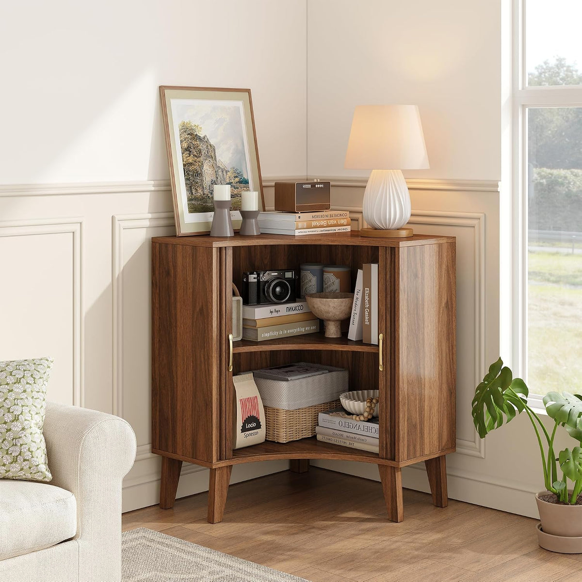 Fluted Corner Cabinet, Small Corner Floor Cabinet with 2-Sliding Doors and Adjustable Shelves, Freestanding Narrow Organizer for Small Space,Living Room, Dining RoomBathroom.Walnut