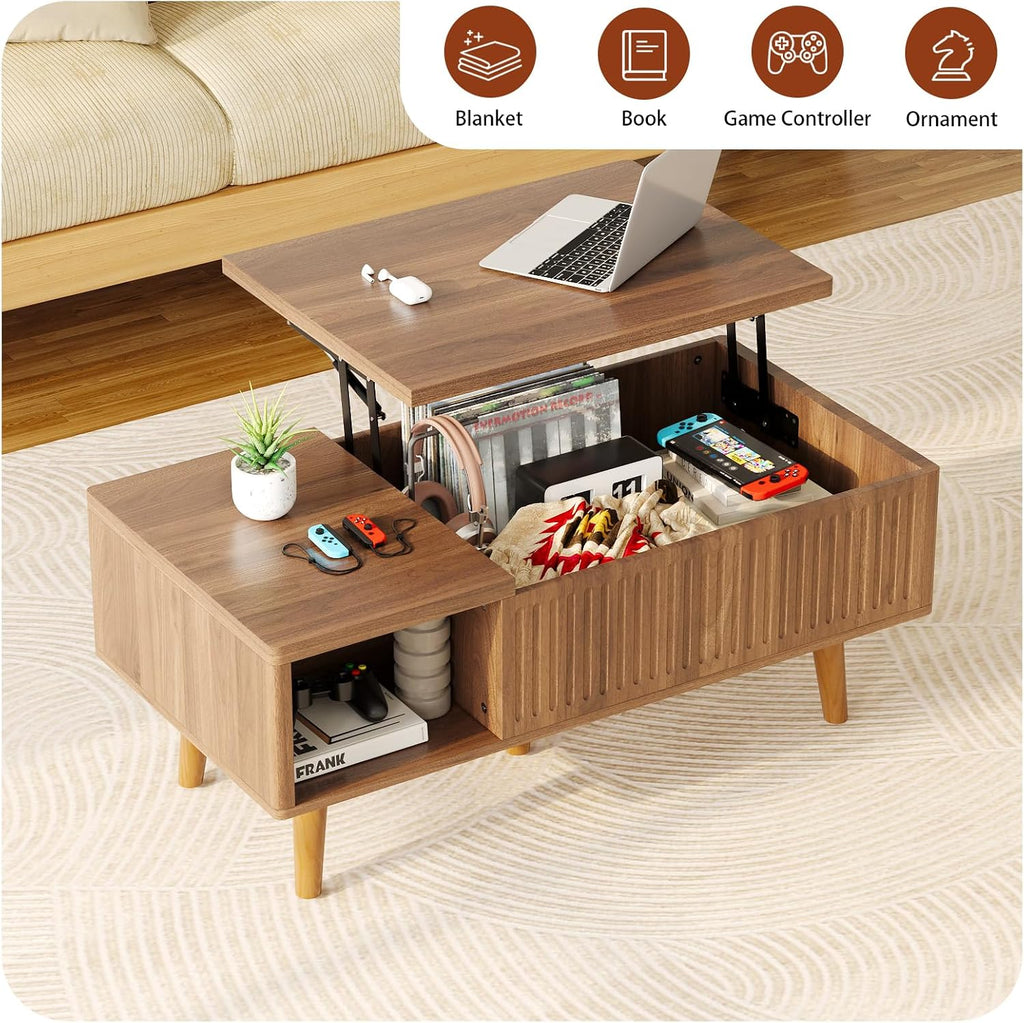 Lift Top Oval Coffee Table with Storage, 2-in-1 Height Adjustable Modern Coffee Table for Small Living Room & Apartment (Walnut)