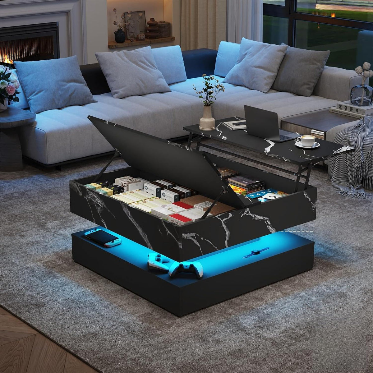 35.4' Large Square Coffee Table with Lifting top,Charging Station,Modern 2-Tier Square Center Table w/Hidden Compartment Storage,Tea Table with Wood Grain for Living Room, Office,Black Marble
