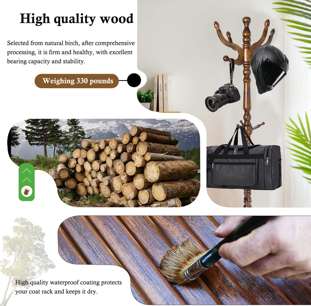 Coat Rack Stand, Solid Wooden Coat Tree with 11 Hooks, Heavy Duty Coat Rack Freestanding with Sturdy Round Base, Natural Birch Wood Coat Hanger Stand for Entryway Bedroom (brown Triangle)