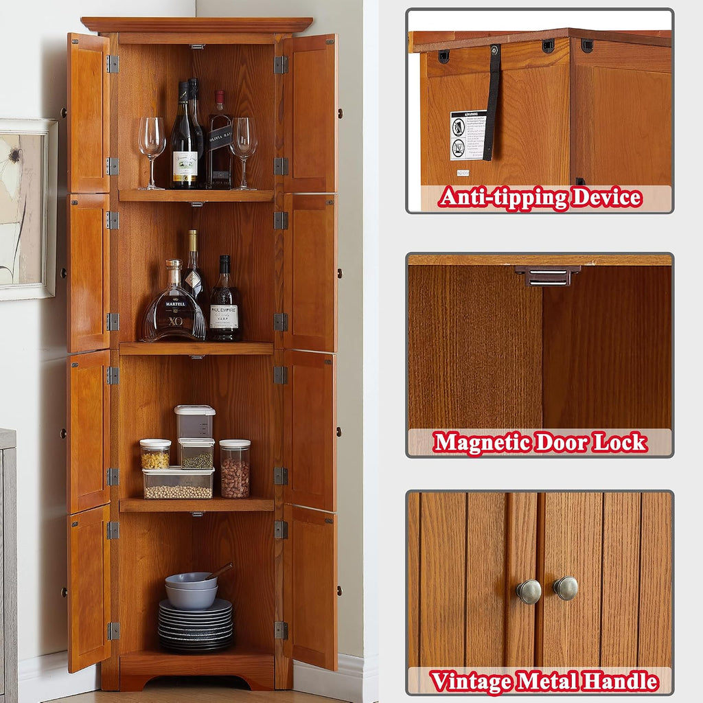 72' H Farmhouse Corner Storage Cabinet with 4 Shelves & 8 Doors, 4 Tier Kitchen Corner Pantry Cabinet Wooden Organizer Case Bookshelf, Home Space Saver Cabinet for Living Room,Kitchen
