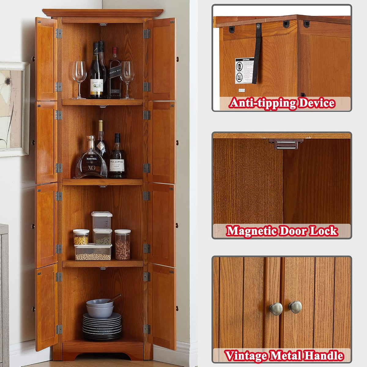 72' H Farmhouse Corner Storage Cabinet with 4 Shelves & 8 Doors, 4 Tier Kitchen Corner Pantry Cabinet Wooden Organizer Case Bookshelf, Home Space Saver Cabinet for Living Room,Kitchen