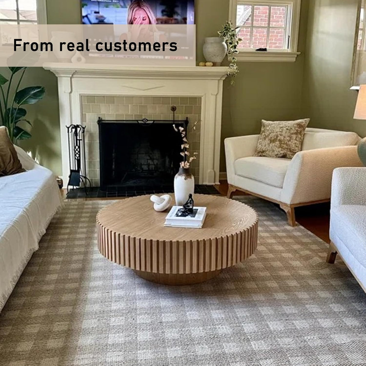 31.49' Coffee Table, Round Coffee Table, Wood Coffee Table for Living Room, Handcrafted Relief Carving, Easy Assembly, Oak