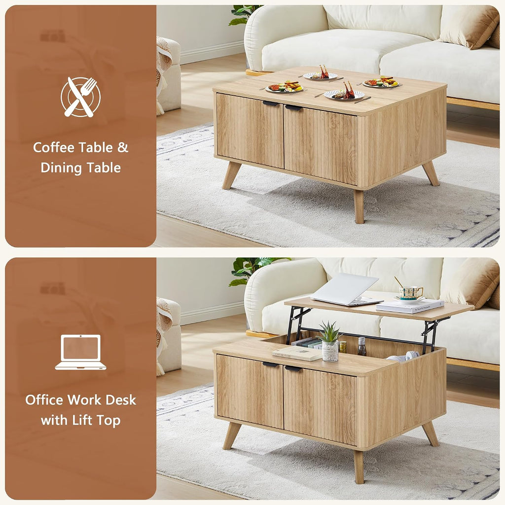 Fluted Lift Top Coffee Table with Large Hidden Compartment, 31.5' Wooden Center Table with Storage, Mid Century Modern Lift Tabletop Coffee Tables for Living Room Home Office, Natural