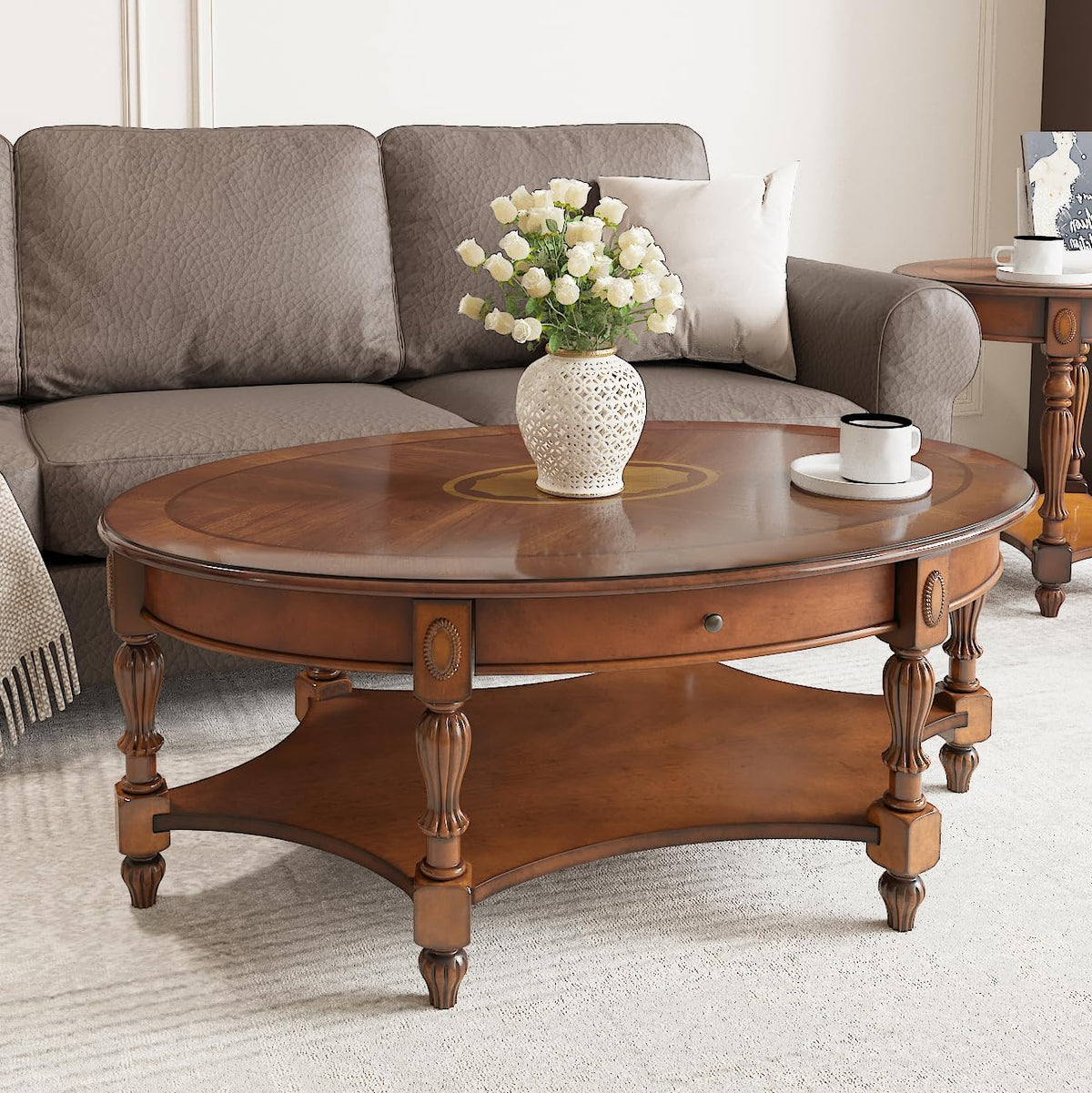 Large Oval Coffee Table with Drawer for Living Room, Solid Wood Cocktail Table with Open Storage Shelf, Mid-Century Modern Sofa Center Table, No-Tools Assembly,Beeswax KFZ1533MG