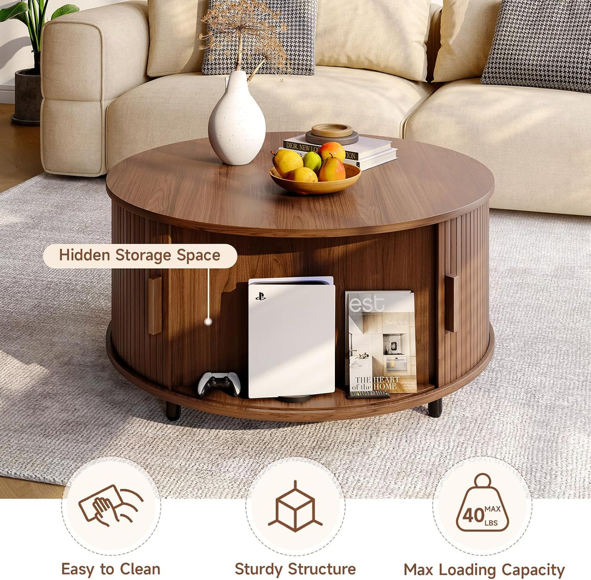 ONBRILL Round Coffee Table with Storage, 31.5' Modern Coffee Table with 360° Curved Sliding Door, Fluted Wood Accent Coffee Table with Adjustable Footpads, Round Center Table for Living Room, Walnut