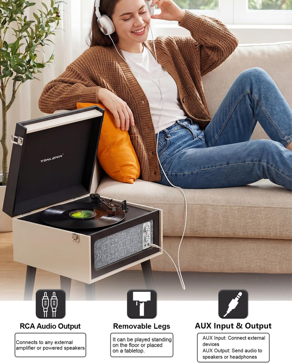 Vintage Standing Black Vinyl Record Player with Detachable Legs, Built-in 4 Speakers, USB to PC Encoding, 33/45/78 RPM LP Player Bluetooth Retro Turntables Support Headphone Jack, RCA Out, AUX in