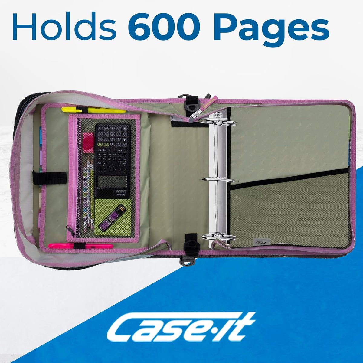Case-it Mighty Zip Tab School Zipper Binder, 3-Inch O-Rings, 600-Sheet Capacity, 5-Subject Expanding File Folder, Multiple Pockets & Storage Organizer, Shoulder Strap, D-146 Fun Flowers (Pack of 6)