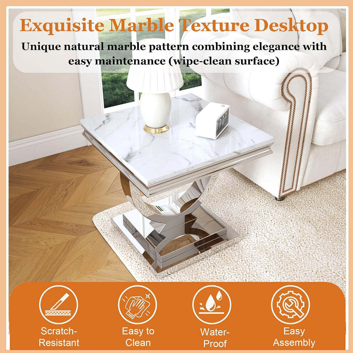 Luxury Marble Side Table, Square End Table with Faux Marble Tabletop & Silver Stainless Steel Base, Modern Sofa Table for Living Room, Bedroom, Office