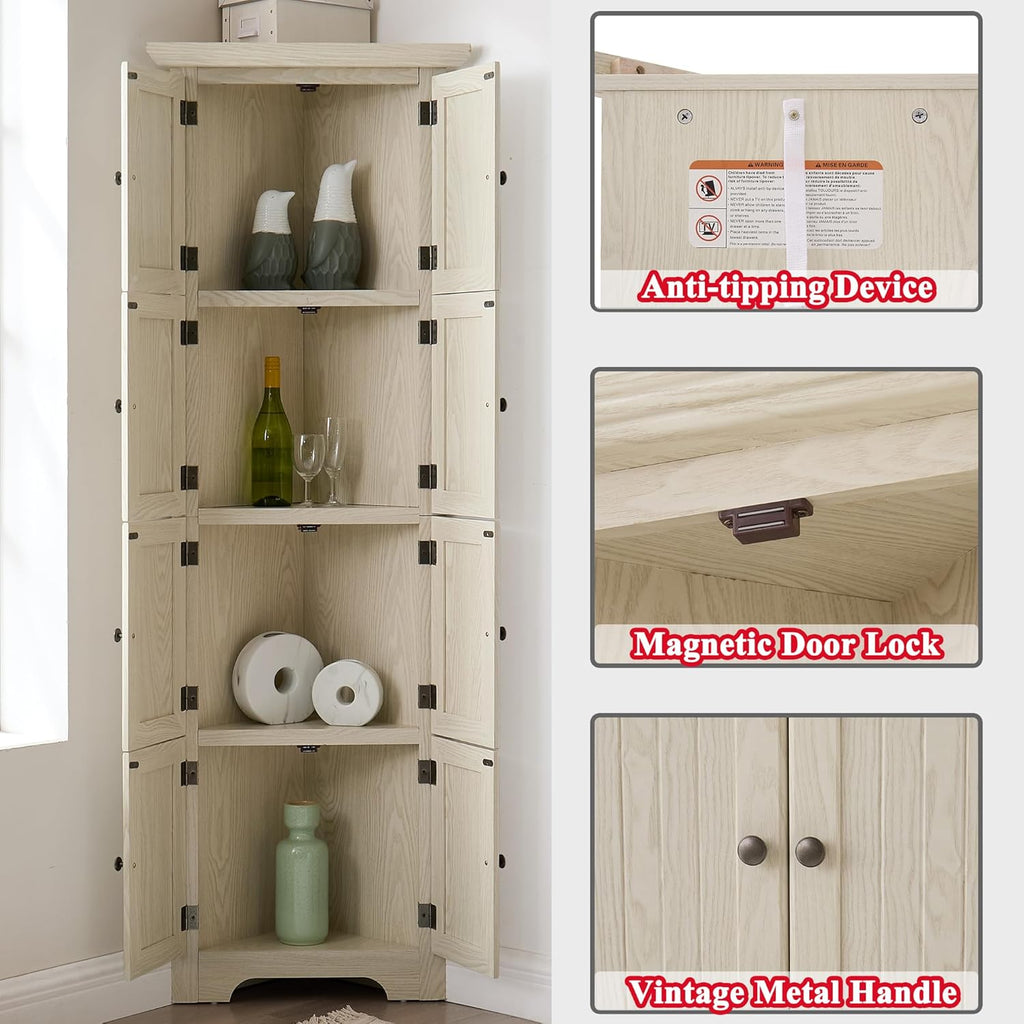 72' H Farmhouse Corner Storage Cabinet with 8 Doors & 4 Shelves, 4 Tier Kitchen Corner Pantry Cabinet Wooden Organizer Case Bookshelf, Home Space Saver Cabinet for Kitchen,Living Room(White)