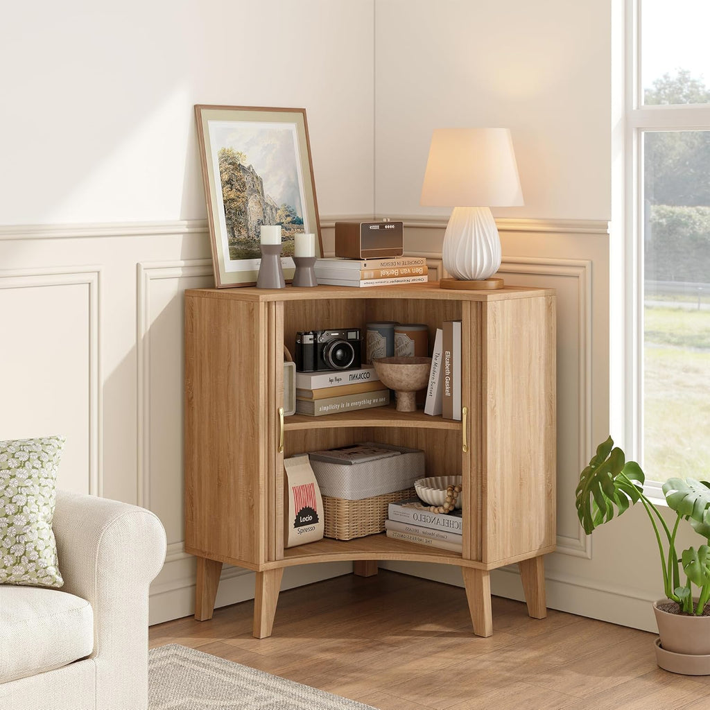 Fluted Corner Cabinet, Small Corner Floor Cabinet with 2-Sliding Doors and Adjustable Shelves, Freestanding Narrow Organizer for Small Space,Living Room, Dining RoomBathroom.Natural