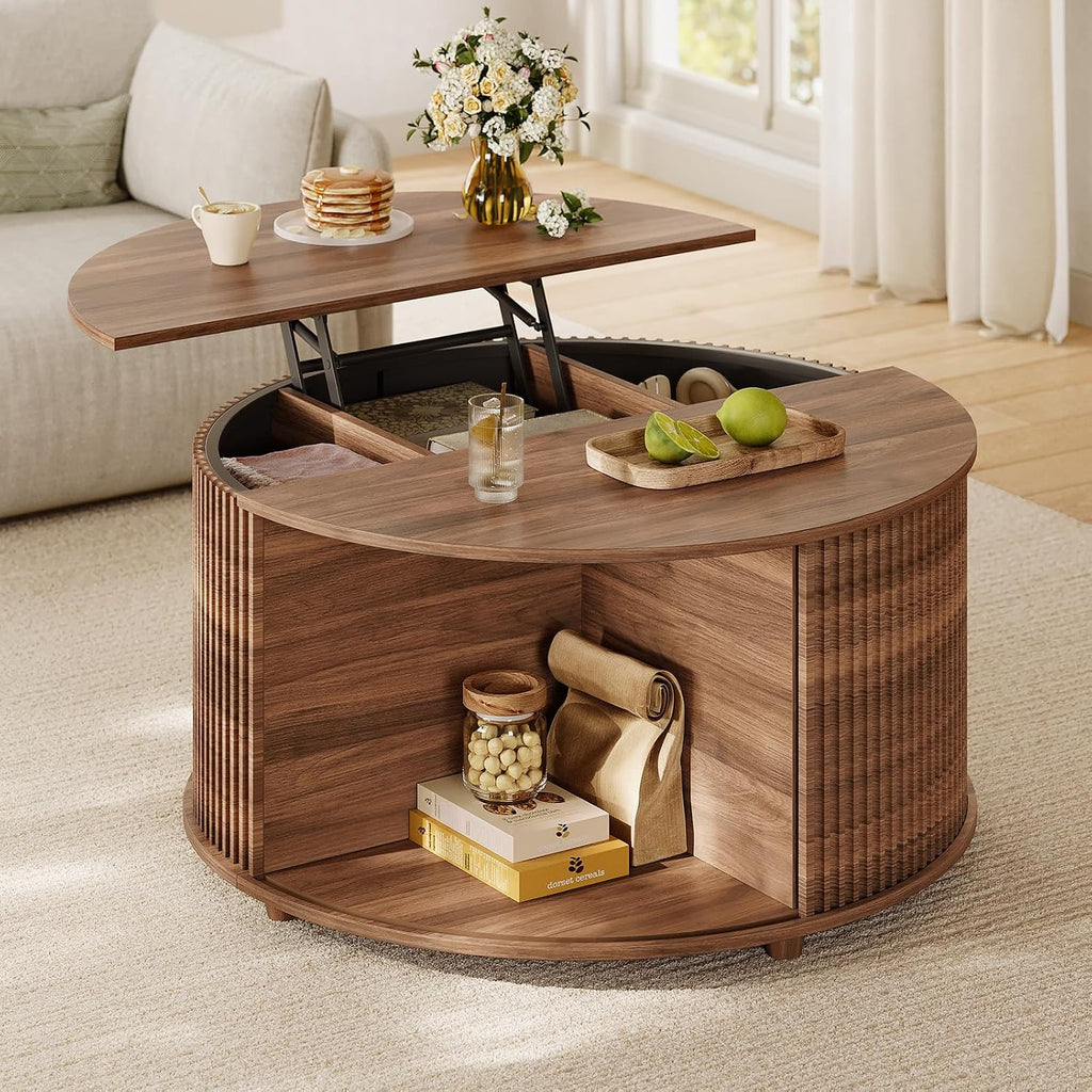 Round Lift Top Coffee Table, 34.6' Modern Coffee Table with 180° Curved Sliding Door, Fluted Accent Coffee Tables with Hidden Storage and Open Shelves, for Living Room, Office, Walnut