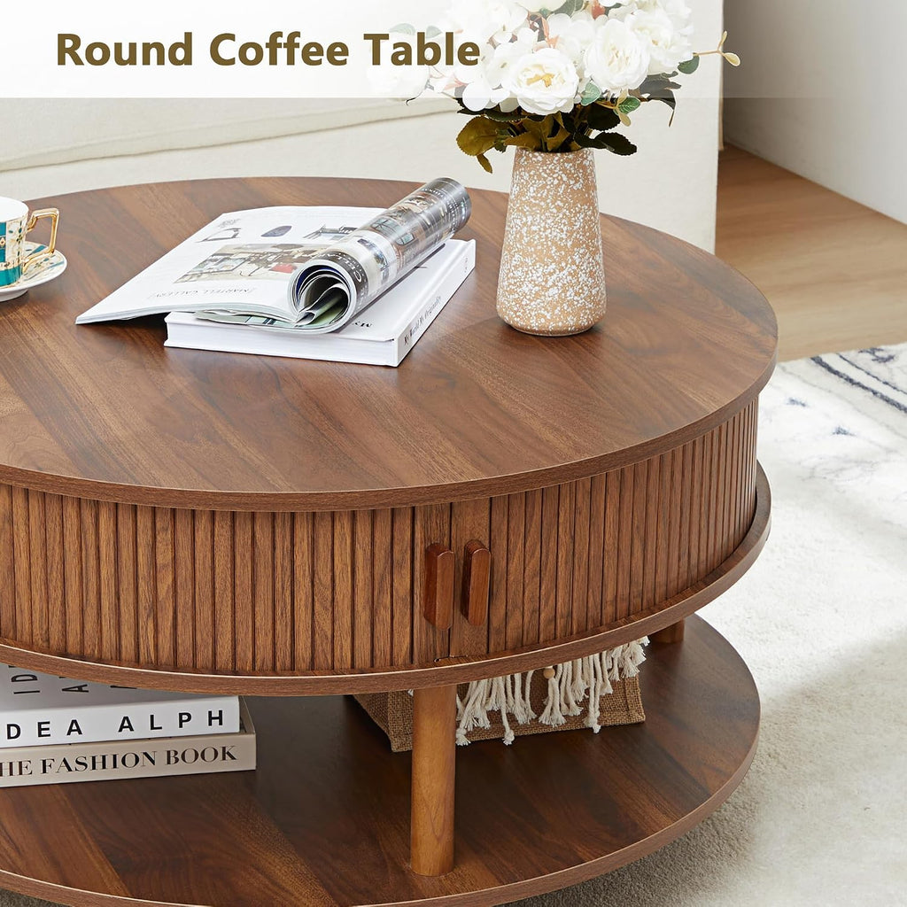 XUZENEST 31.5' Round Coffee Table with Storage, Mid Century Modern 2 Tier Coffee Table with Tambour Sliding Door, Solid Wood Legs Fluted Center Table for Living Room Home Office Small Space, Walnut