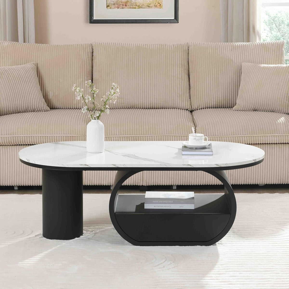 Oval Coffee Table, 47.24'' Modern Luxury Oval Decorative Coffee Center Table with White Faux Marble Top and Black Metal Base and 1 Drawer, Cocktail Tea Table for Living Room Apartment