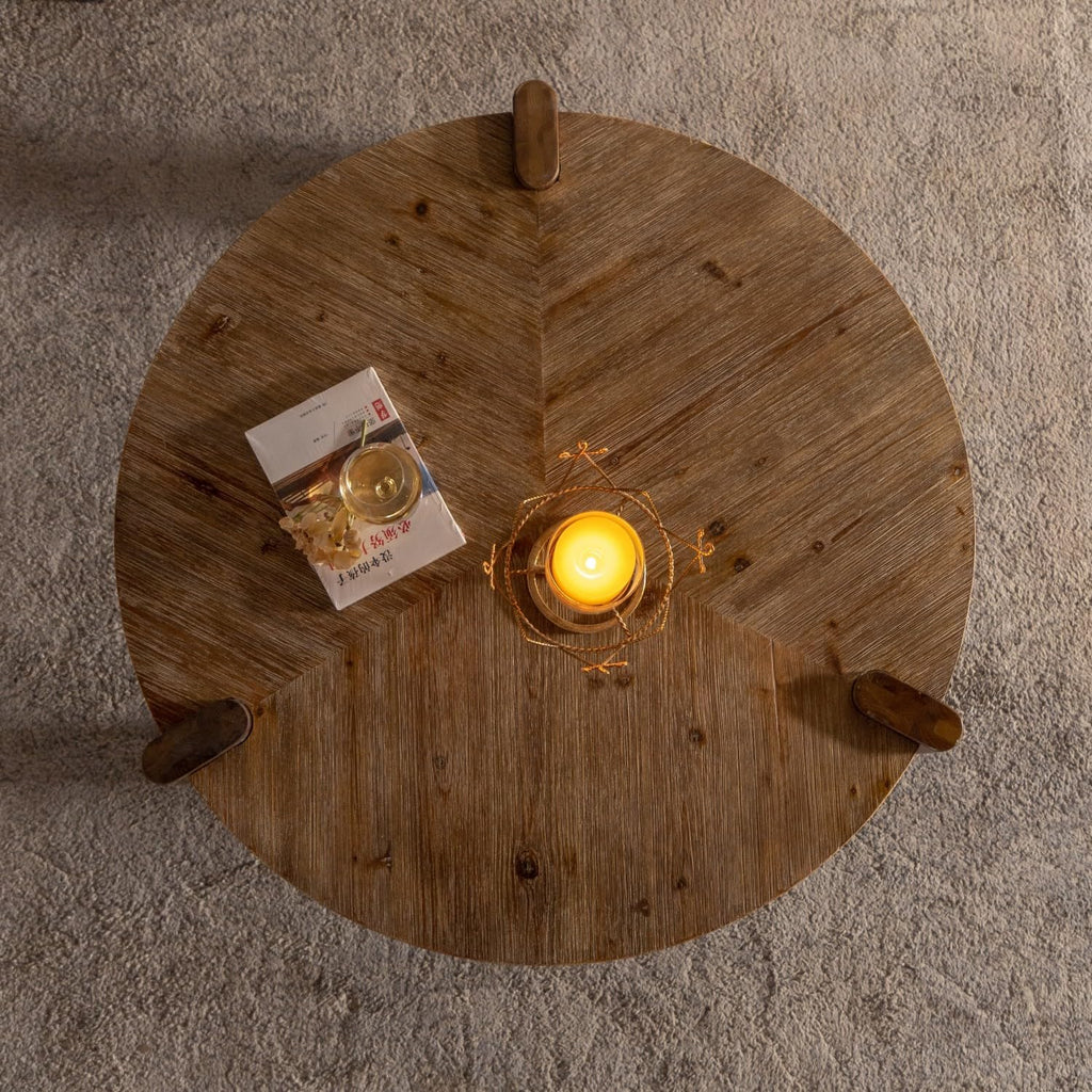 KEVINSPACE Round Wood Coffee Table Mid Century Modern Tables for Living Room Furniture 36.61' Dia. Circle Drum Solid Wooden Easy Assembly Small Space, Home Office Natural Wood