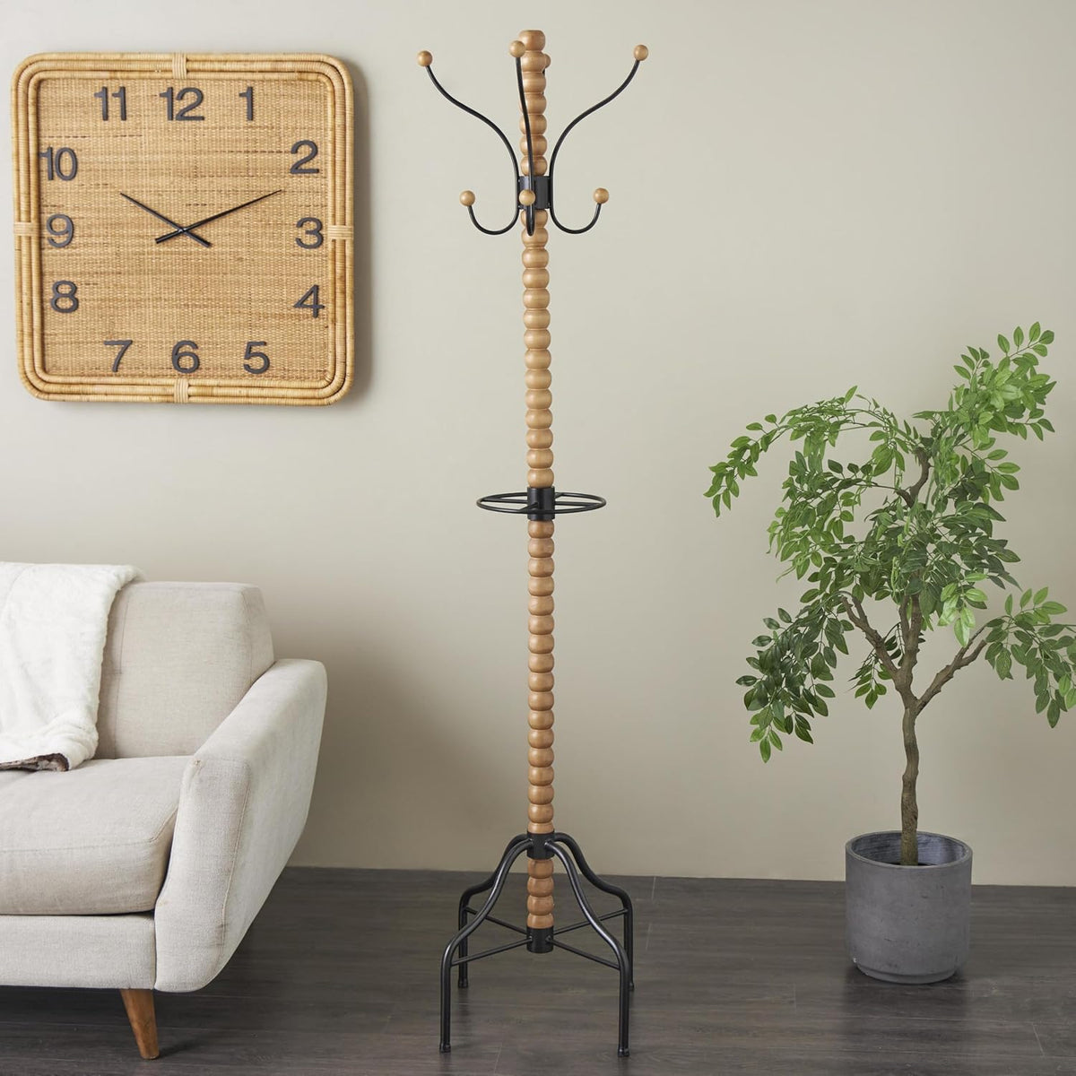 Deco 79 Wood Spindle 8 Hook Coat Rack with Black Metal Accents and Beaded Ends, 18' x 18' x 72', Brown